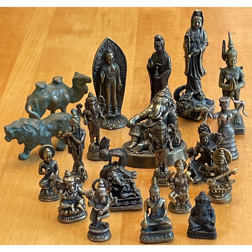 Vintage Buddhist Hindu Bronze / Brass Miniature Deity Figurines Group Lot of 22